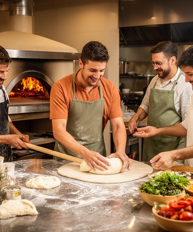 Pizza chefs preparing hand-stretched dough together in the warm open kitchen on Canal Street