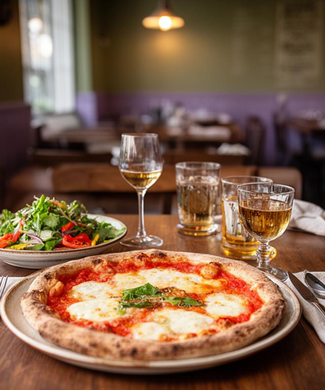 Pizza, salad and drinks arranged on a wooden table inside a welcoming Stoke-on-Trent restaurant