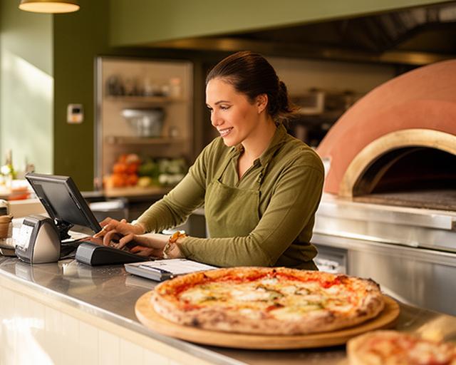 Restaurant team member recording an online order beside a clean pizza counter