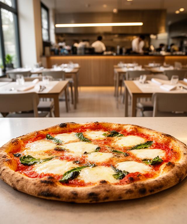 Restaurant counter with a freshly prepared pizza, printed order details and a welcoming dining room in the background