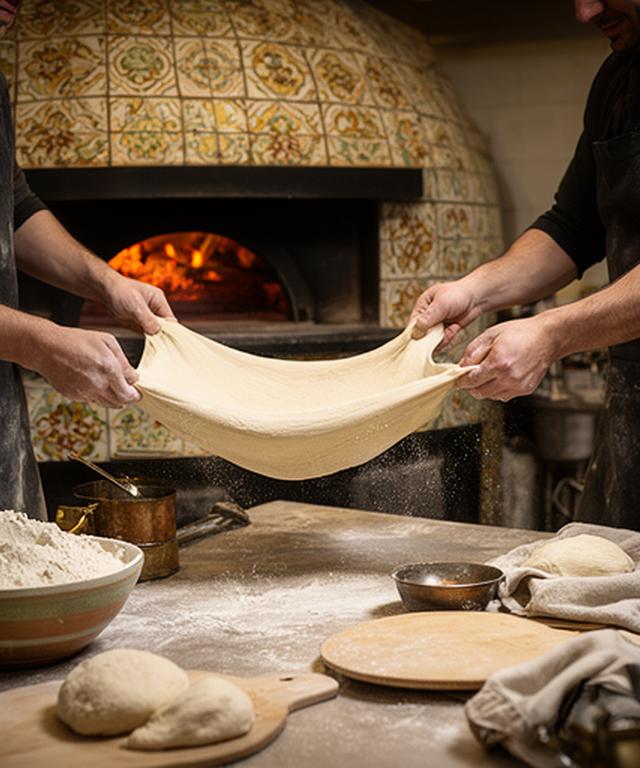Pizzaioli preparing hand-stretched pizza dough beside a tiled oven