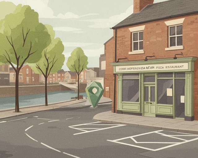 Illustrated street view of Canal Street in Stoke-on-Trent with a pizza restaurant marker and nearby parking bays