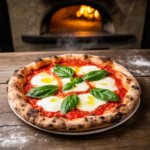 Fresh Margherita pizza with basil and melted mozzarella on a wooden table beside a stone oven