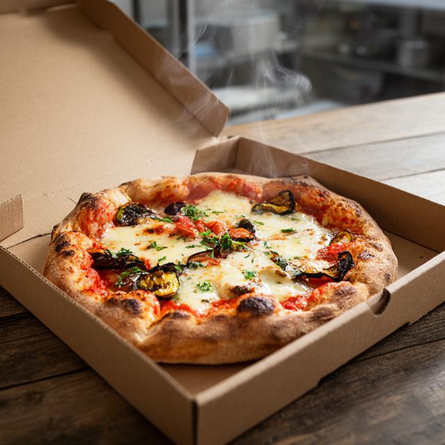 Freshly baked pizza in an open box on a wooden counter at a Canal Street takeaway shop