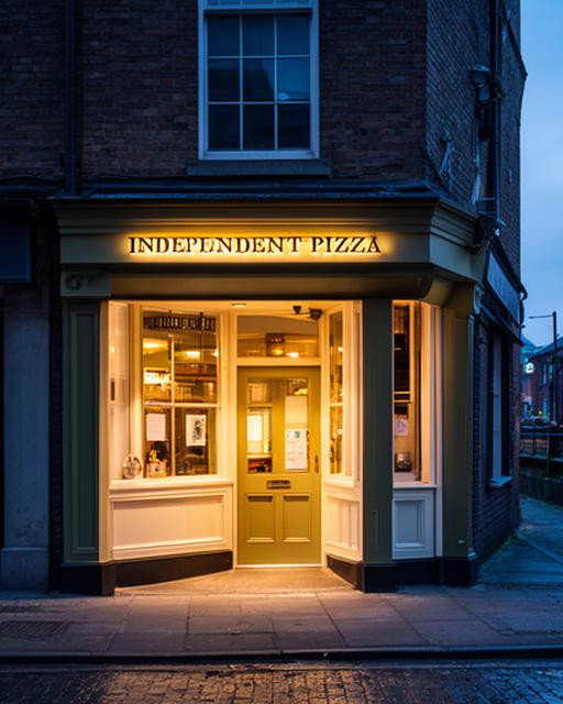 Pizza restaurant frontage on Canal Street in Stoke-on-Trent during the early evening
