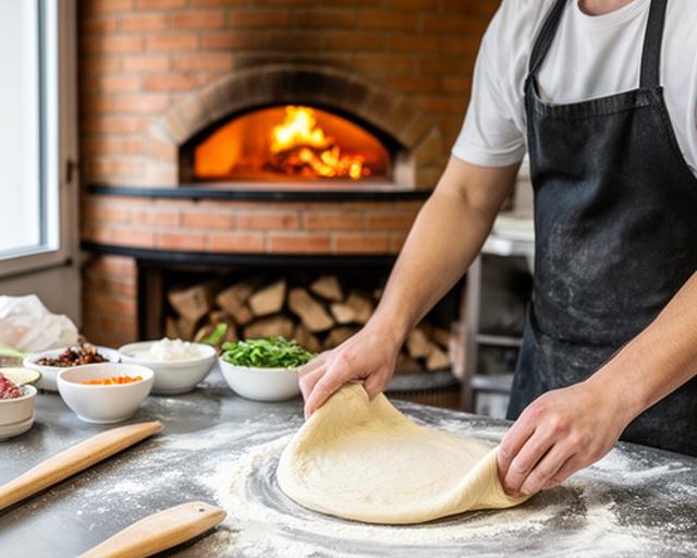 Pizza maker preparing dough beside a brick oven in a bright Canal Street kitchen