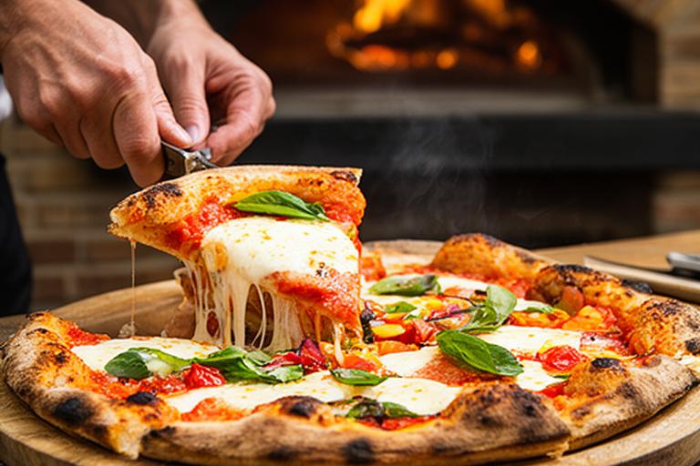 Fresh pizza being sliced on a wooden board beside a warm restaurant oven